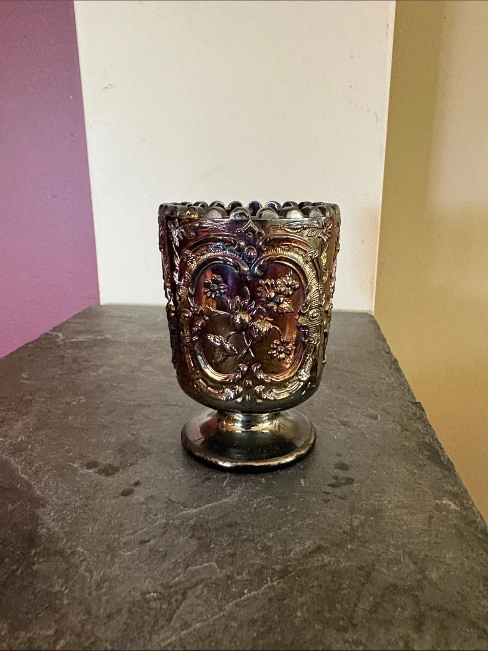 Fenton Iridescent Purple-Bronze Embossed Pedestal Vase